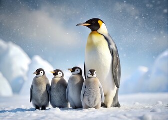 Fototapeta premium Adult Emperor Penguin with Chicks in the Antarctic Peninsula