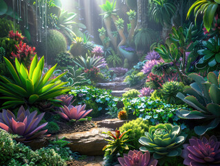 Obraz premium A vibrant, lush garden scene filled with diverse plants, colorful flowers, and soft sunlight filtering through trees, creating a peaceful, serene atmosphere.