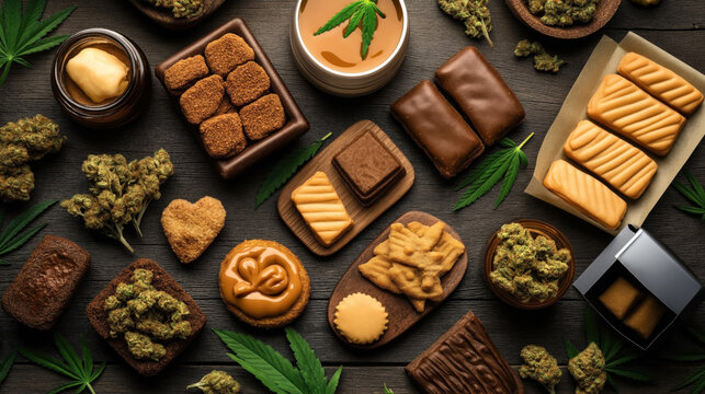 Assorted cannabis edibles including cookies, chocolates, and caramel with cannabis leaves and buds displayed on a dark wooden surface.