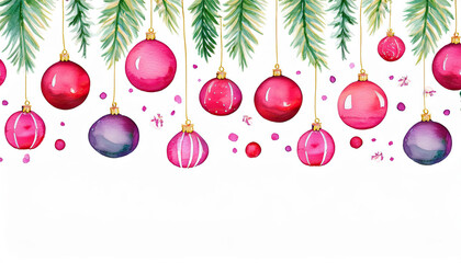 A watercolor painting of Christmas tree with many red and purple Christmas ball ornaments hanging from the branches with copy space for text in concept of xmas holiday festival.