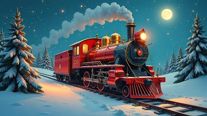 Fairy locomotive in holiday postcard style. Merry christmas and happy new year concept 
