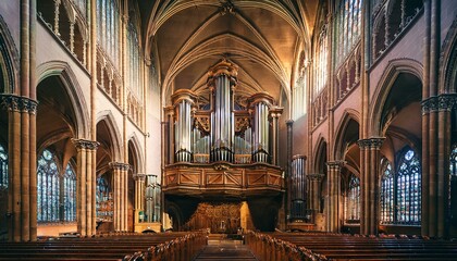 Fototapeta premium A majestic organ with towering pipes in a grand cathedral.