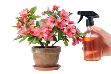 Naklejka premium Hand holding water spray bottle and pouring in flowerpot on transparent background.