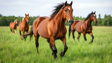 Obraz premium A group of horses galloping through a lush green field, showcasing their grace and power in a natural setting.