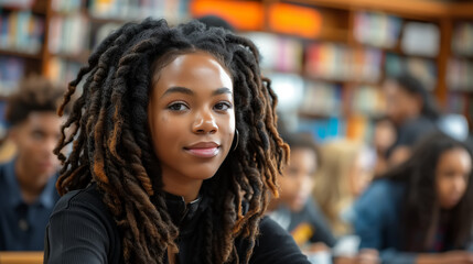 Portrait of African american woman high school counselor is talking to students in school library