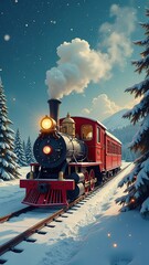 Fairy locomotive in holiday postcard style. Merry christmas and happy new year concept 