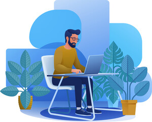 Man Using Laptop Computer Cartoon Illustration