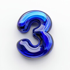 Fototapeta premium A stunningly rendered number three in deep blue glass, reflecting light beautifully against a minimalistic backdrop that amplifies its charm.