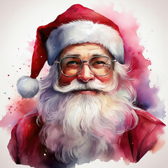 Watercolor painting of Santa Claus wearing glasses and red Santa winter hat.