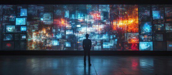 A lone figure stands before a massive wall of screens displaying a multitude of colorful images.
