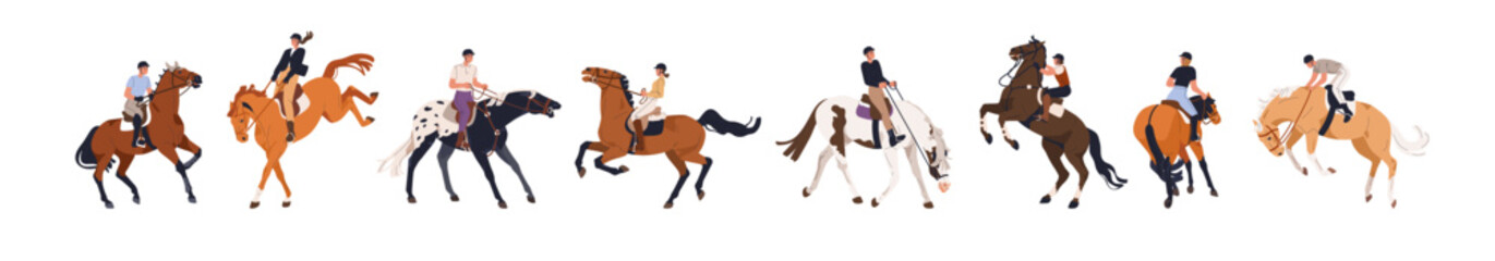 Disobedient horse set. Unruly bad behavior, disobedience problem. Stallions resisting riders training. Dangerous wild equine animals misbehaving. Flat vector illustration isolated on white background