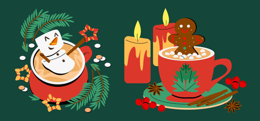 Various Christmas drinks hot chocolate with snowman-shaped marshmallow, gingerbread man and cinnamon sticks in a red mug