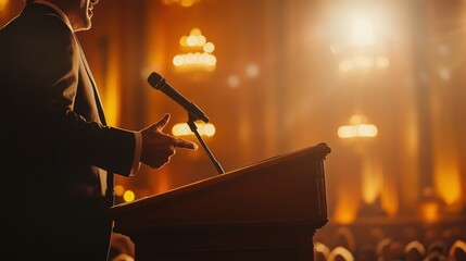 Political candidate or motivator giving speech at podium