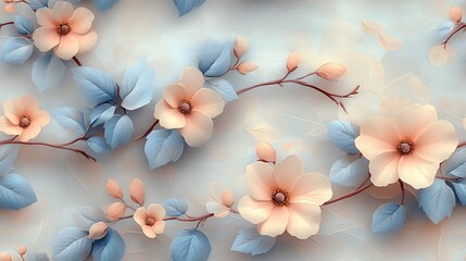 Soft pastel-colored vintage floral vines, pale blue and light pink tones, seamless repeating pattern, hd quality, delicate shading, elegant leaves and flowers, softly textured background,