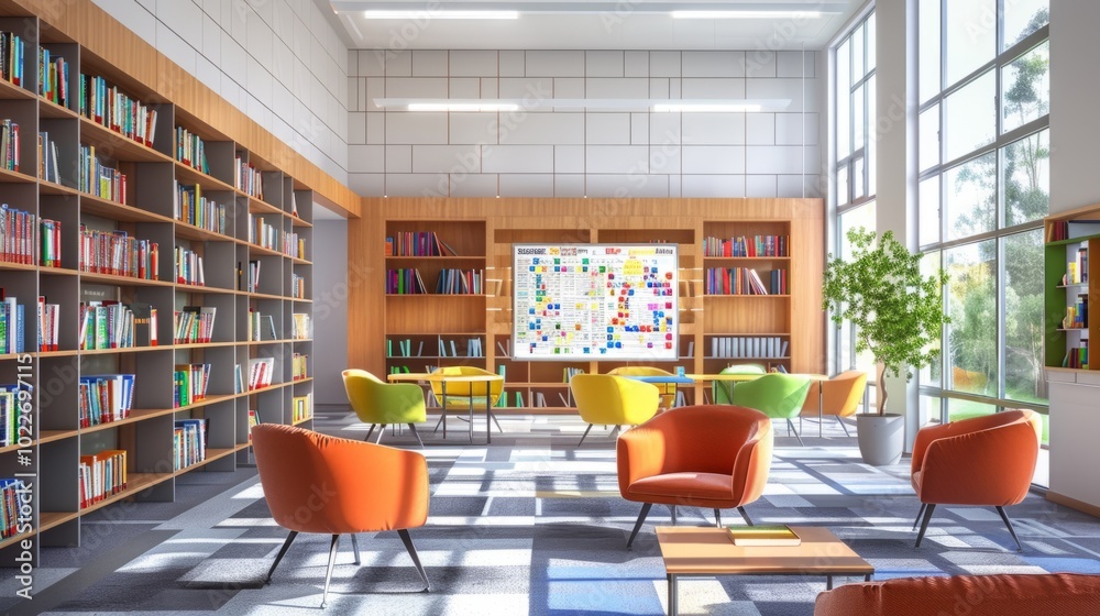 Aufkleber A library with a large number of books and a white board with a map on it