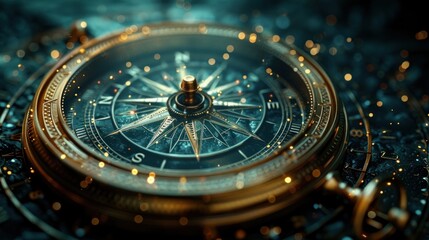 A vintage compass rests on a map, surrounded by shimmering particles, evoking a sense of adventure and exploration. Generative AI