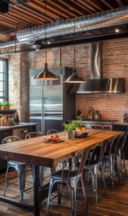 Fototapeta premium Industrial kitchen with wood table and metal chairs.