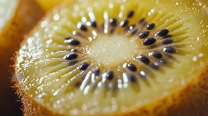 Close-up of a sliced kiwi fruit with visible seeds and flesh.