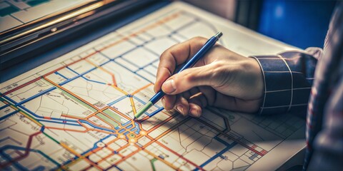 Close-up of a transportation engineer's hand sketching a mass transit network, including metro stations and bus routes.



