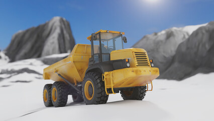 3D rendering a bright yellow dump truck stands prominently in a snowy mountain landscape, showcasing industrial strength in a rugged setting. The combination of machinery and nature creates a striking