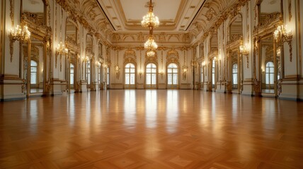 Fototapeta premium An opulent grand ballroom featuring polished floors and elegant gold detailing.