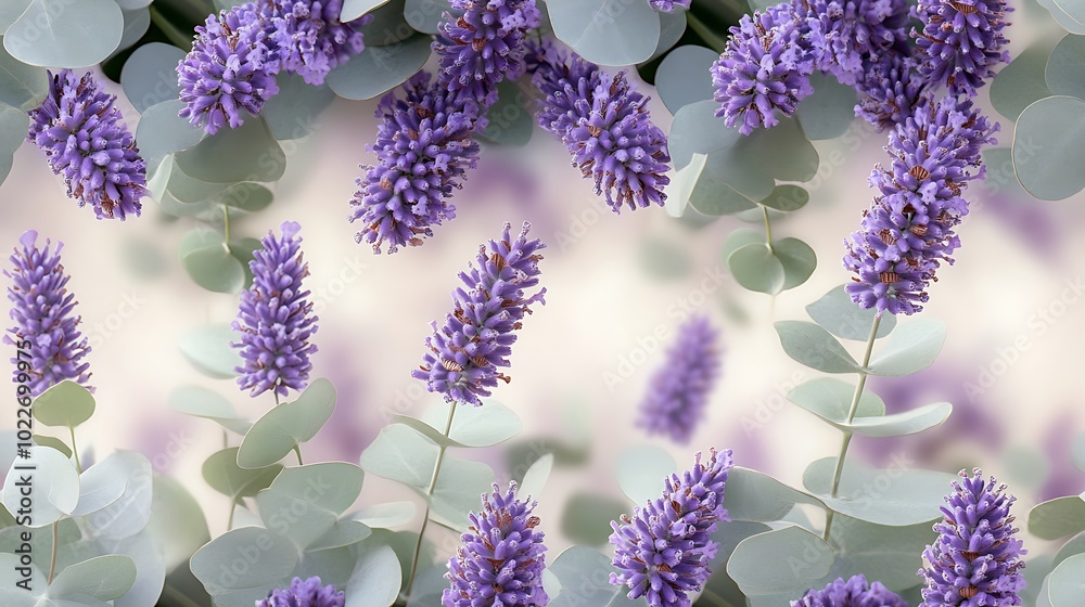 Poster Subtle lavender flowers and eucalyptus leaves, delicately arranged in a seamless repeating pattern, soft pastel purple and green hues, hd quality, intricate floral details, gentle light and shadow,