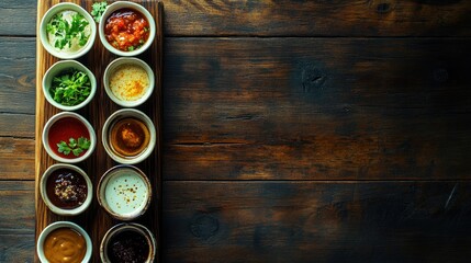 Assorted dipping sauces in small bowls, placed on a wooden board, top view with plenty of copy space available