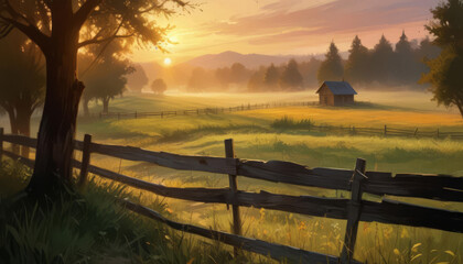 Fototapeta premium Countryside landscape with wooden fence and house