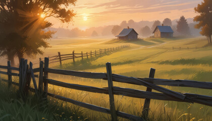 Fototapeta premium Countryside landscape with wooden fence and house