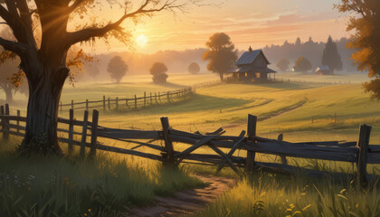 Obraz premium Countryside landscape with wooden fence and house
