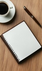 Coffee, notebook, pen, and wood grain.