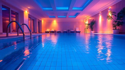 Indoor Swimming Pool with Blue and Purple Lighting and Lounge Chairs