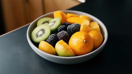 Bowl of fresh fruit with kiwi slices, blackberries, orange segments, and mango chunks on a dark surface