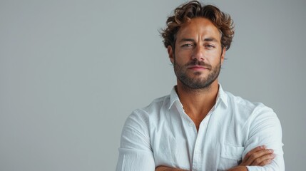 Obraz premium Confident man dressed in white shirt stands with arms crossed against simple gray backdrop. Generative AI