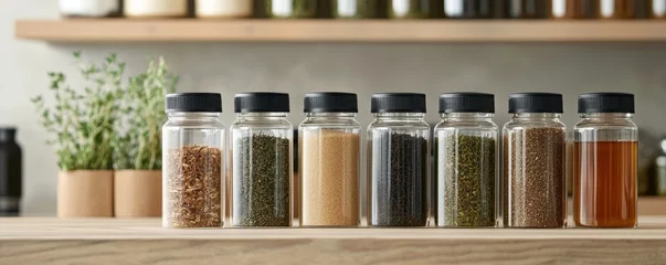 Spices in jars arranged on a wooden shelf with herbs in pots. © ItziesDesign