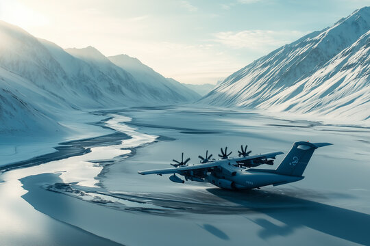 Military aircraft taking off on a snowy runway in a mountainous valley.