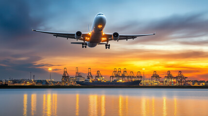 Airplane landing over a cargo ship at sunset.