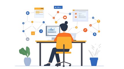 Woman Working on Computer with Network Connections Illustration