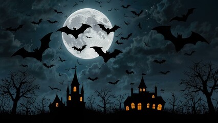 Fototapeta premium Bats Flying Across a Moonlit Sky: Eerie Silhouettes Create a Spooky Atmosphere