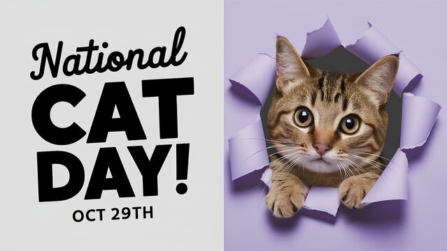 Promotional image for Cat Day with a cat peering out through torn paper and the text “National Cat Day”