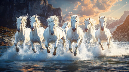 Seven running white horses wall painting mountain morning view background. Majestic and powerful scene with splashing effects. Wallpaper concept.