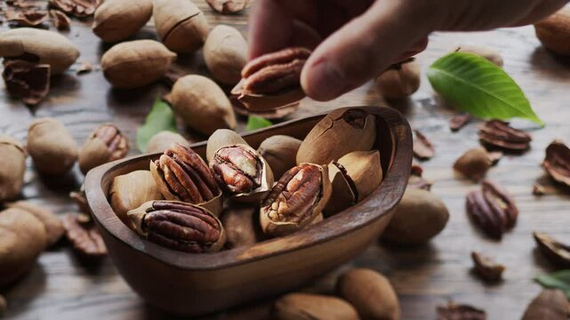 Pecans in a wooden bowl with pecan leaves and nut shells - close-up video, camera slow motion. The hand takes one of the pecan nut.