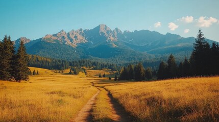 A winding dirt path leads through a golden field towards a majestic mountain range under a bright blue sky.