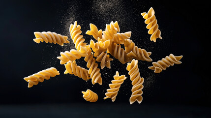 Flying uncooked fusilli pasta spirals with flour particles against a dark background showcasing dynamic food motion and texture