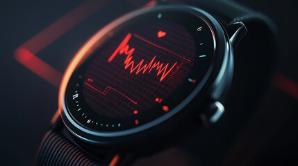 Black smartwatch displaying red heart rate monitor.