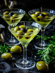 Three martini glasses filled with green olives and a sprig of rosemary.