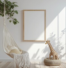 white wall in a children's room with a wooden frame mockup, Scandinavian-style interior design, cozy home decor, a hanging hammock, and a giraffe toy in the background