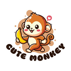 Cute monkey with banana. Cute cartoon animal. Vector illustration.