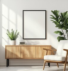 Modern interior design, a mockup poster frame on the wall with a wood sideboard and armchair, against a white background