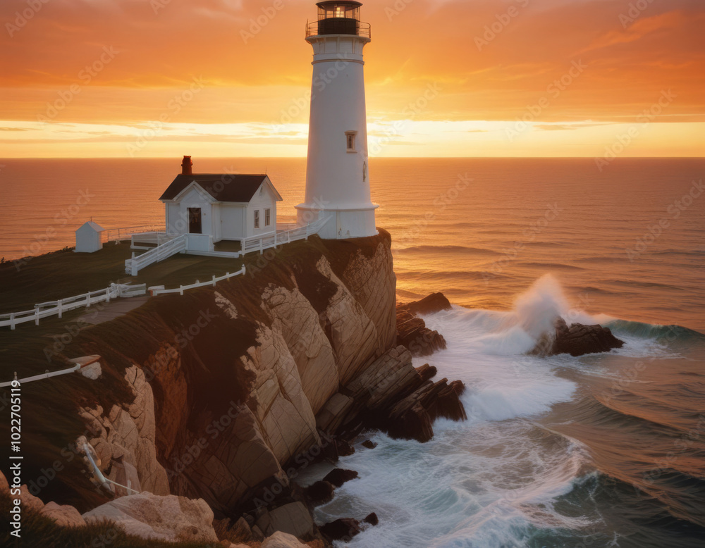 Wall mural lighthouse overlooking ocean at sunset on rocky shoreline